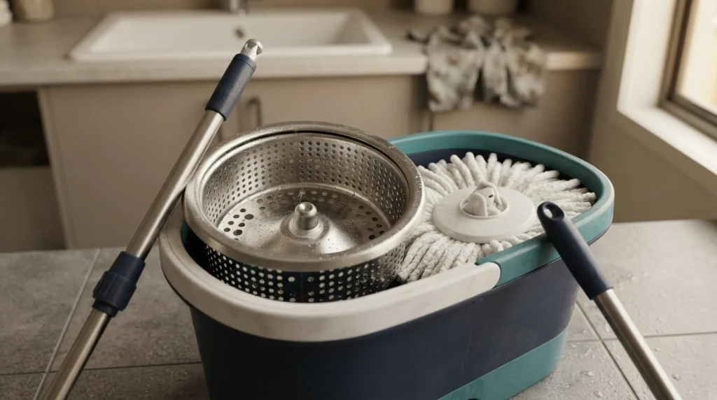 Close-up of a spin mop basket, central spindle, perforations, and microfiber mop head.