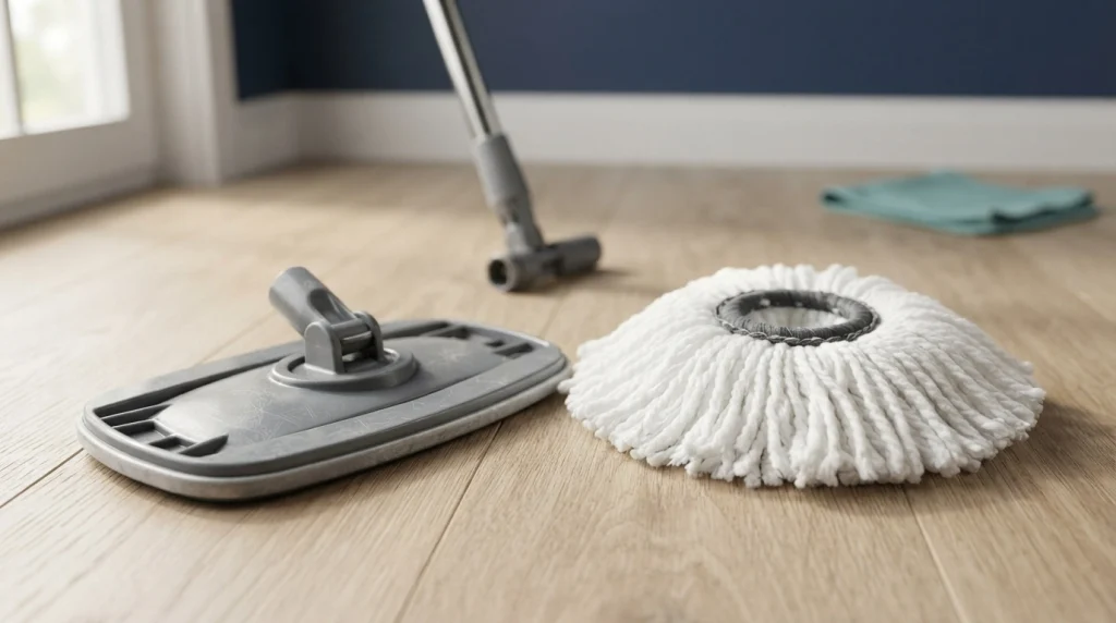 Spin mop head attachment parts beside a detached round microfiber refill on a wood-look floor.