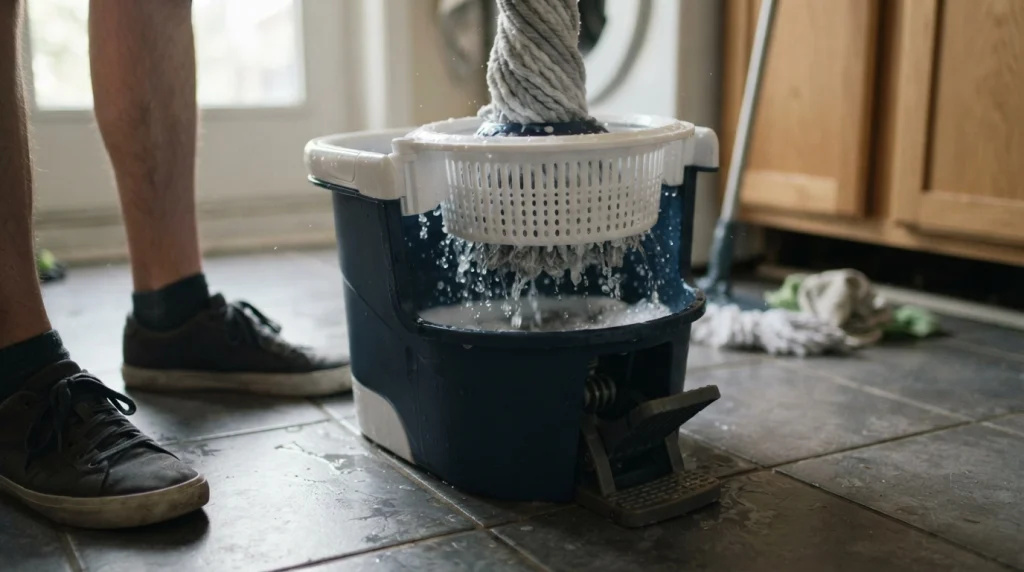 Wet microfiber mop head positioned inside a spin mop wringer basket.