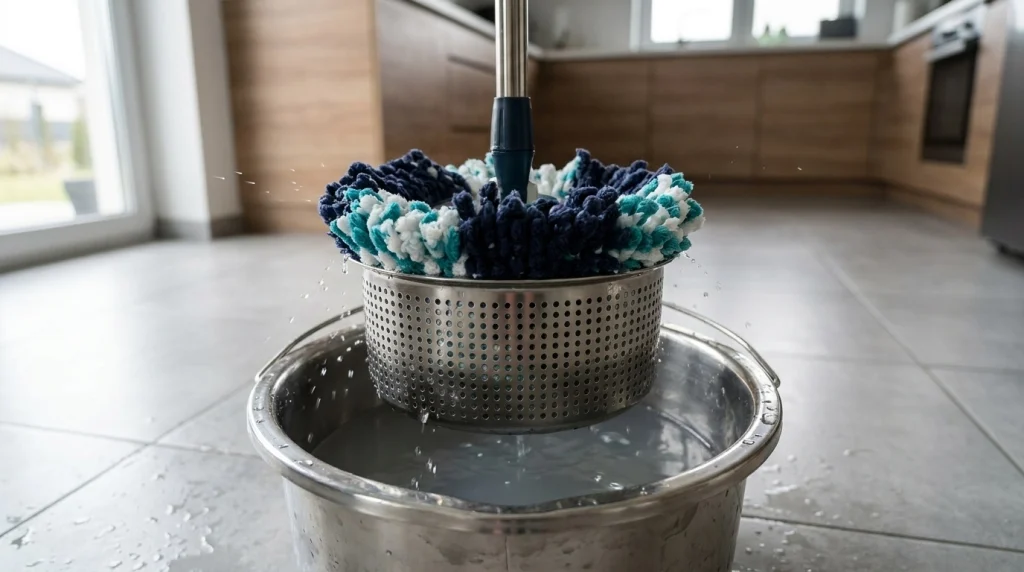 Spin mop head rotating inside a perforated bucket wringer during rinsing.