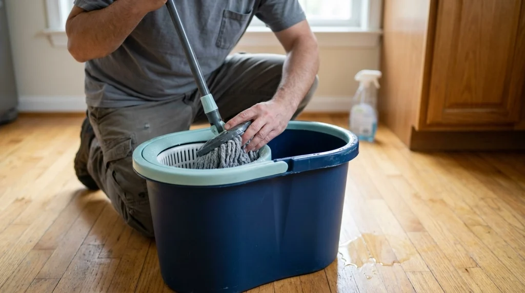 Homeowner checking a microfiber spin mop wringer beside a small puddle on a wood-look floor.